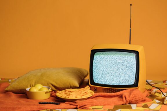 Cane che osserva immagini su uno schermo televisivo